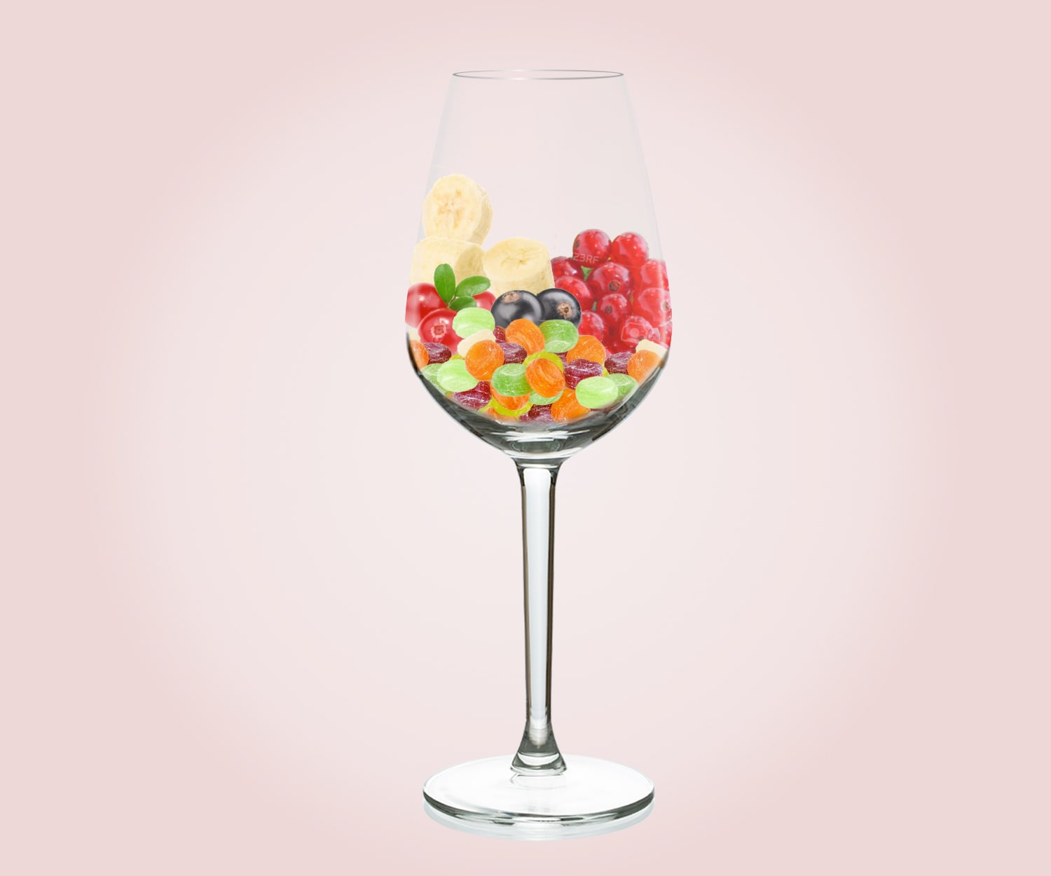 Részlet egy pohárról, amely az amil aromájú rosé jellegzetes banán- és karamell aromáját mutatja "Egy banán és karamell aromával rendelkező amil aromájú rozé poharának részlete "